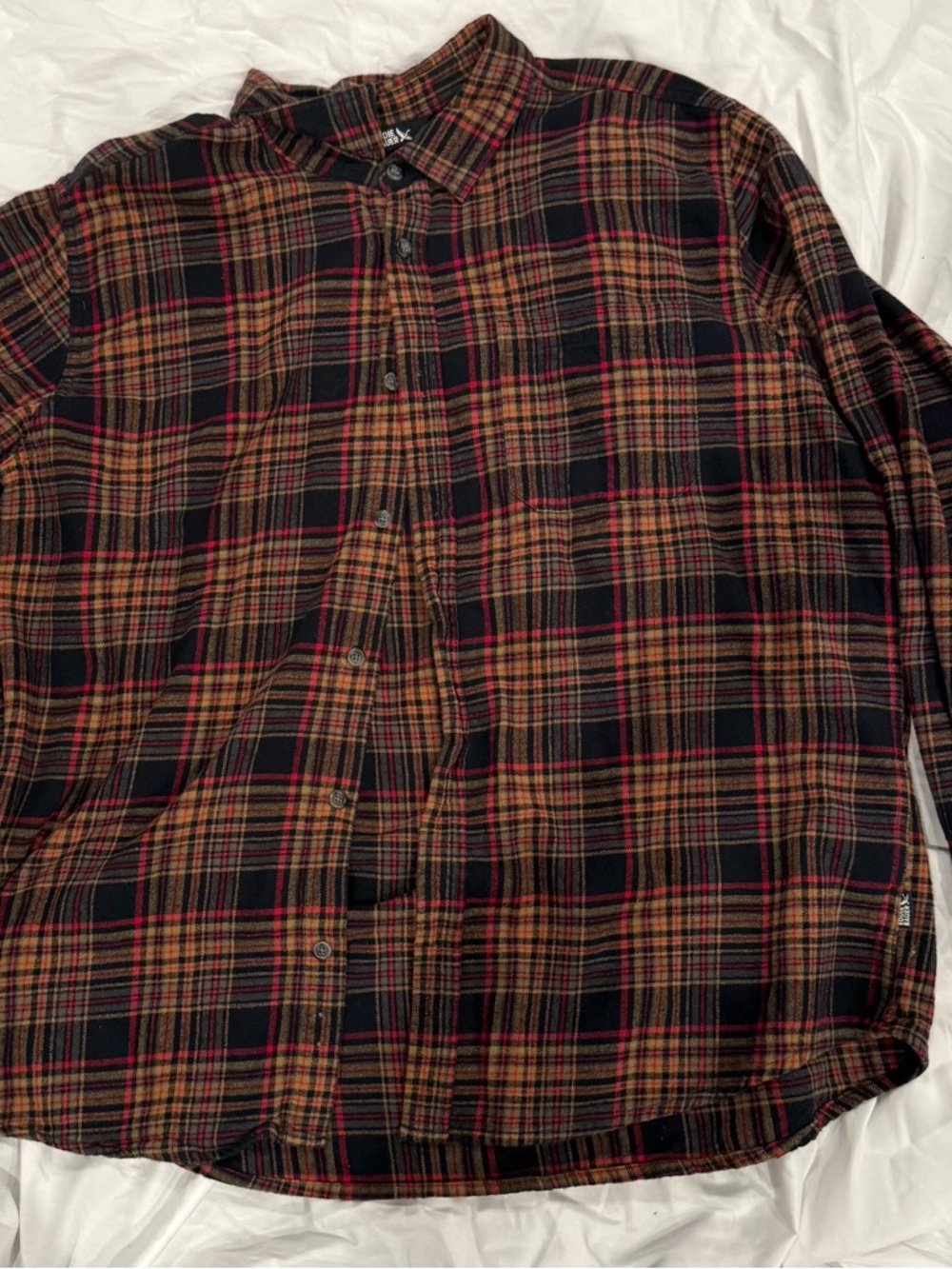 Eddie Bauer Black Plaid Button-Down Shirt with Red and Brown Stripes